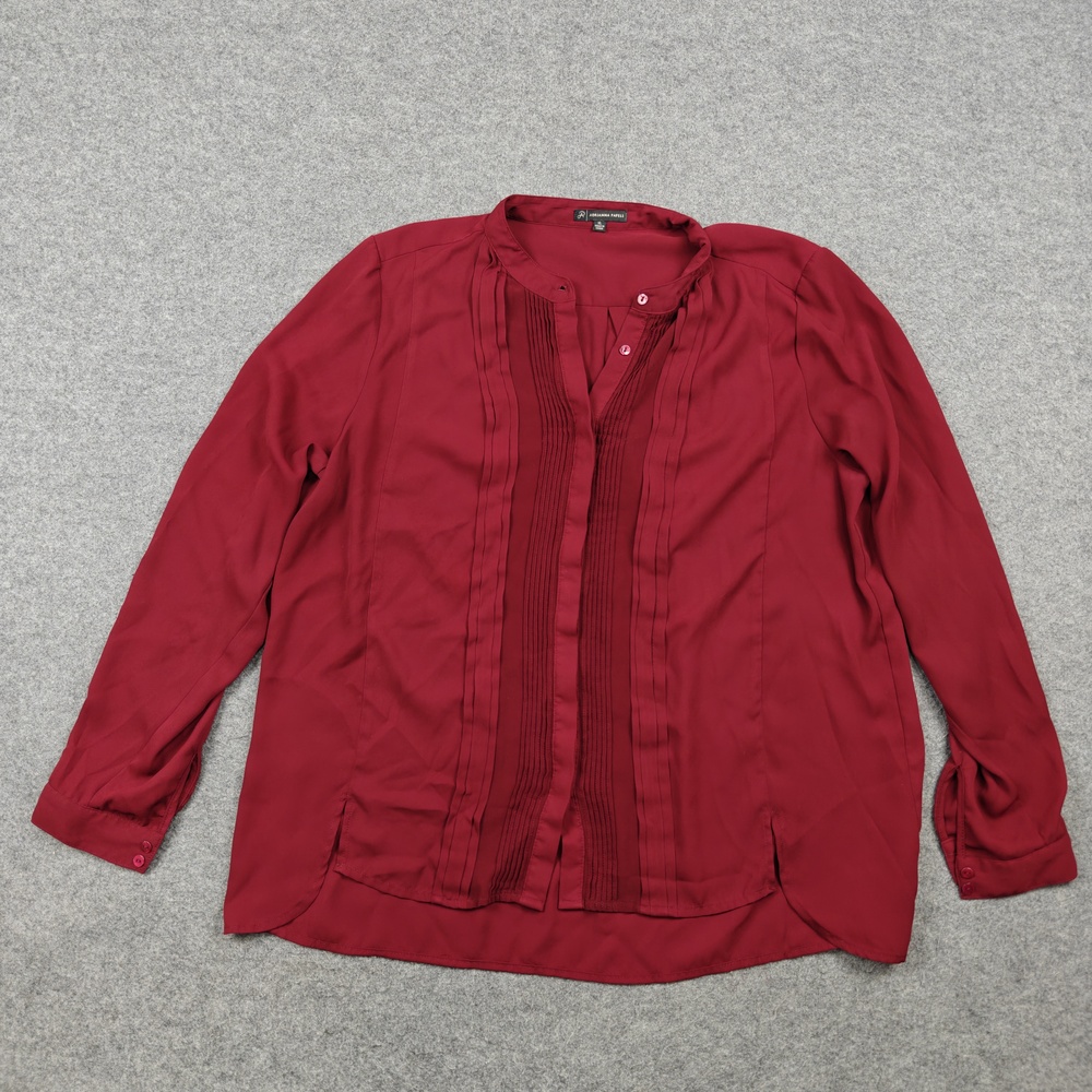 Adrianna Papell Blouse Womens XL Red Chiffon Tunic Collared Button Pleated